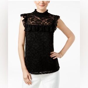 Cable & gauge mock neck cap sleeve lace detail blouse. Black Size M